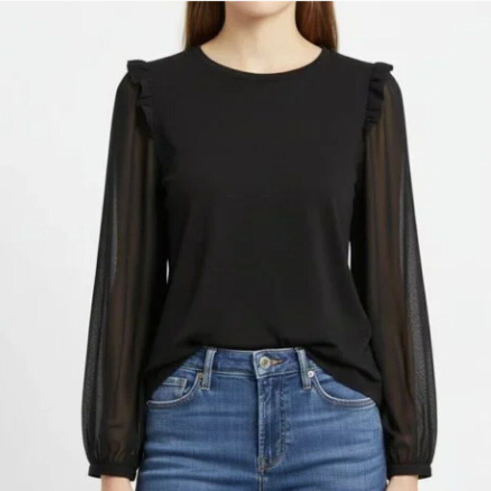 NWT Stitch Fix Les Serein Sheer Sleeve Ruffle Trim Blouse size Large Black Top
